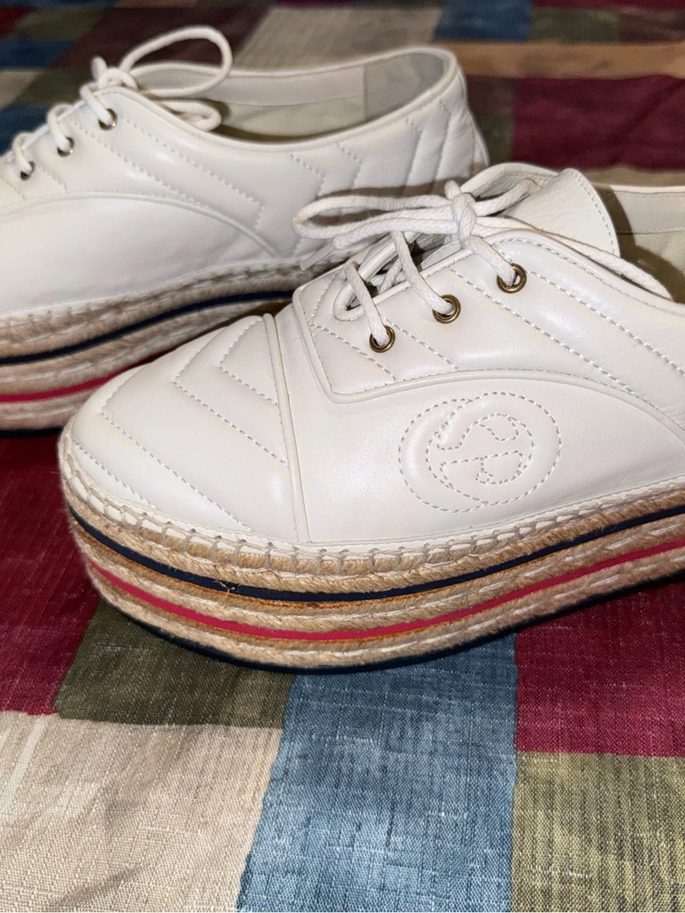 GUCCI Pilar Matelassé GG Platform Espadrilles White Leather Size 38 NWOT